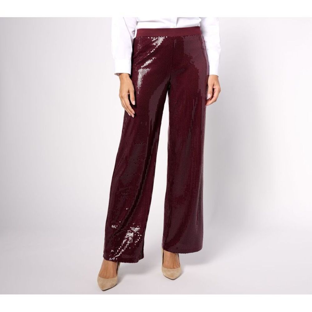 Dennis Basso Women's Petite Pants PS Sequin Knit Wide Leg Pull-On Red A626282